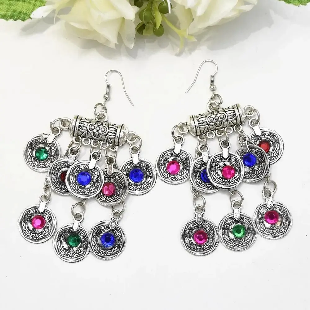 Afghan Silver Color Coin Tassel Bib Statement Necklace & Earring Sets for Women Turkish Gypsy Rhinestone Necklace Party Jewelry