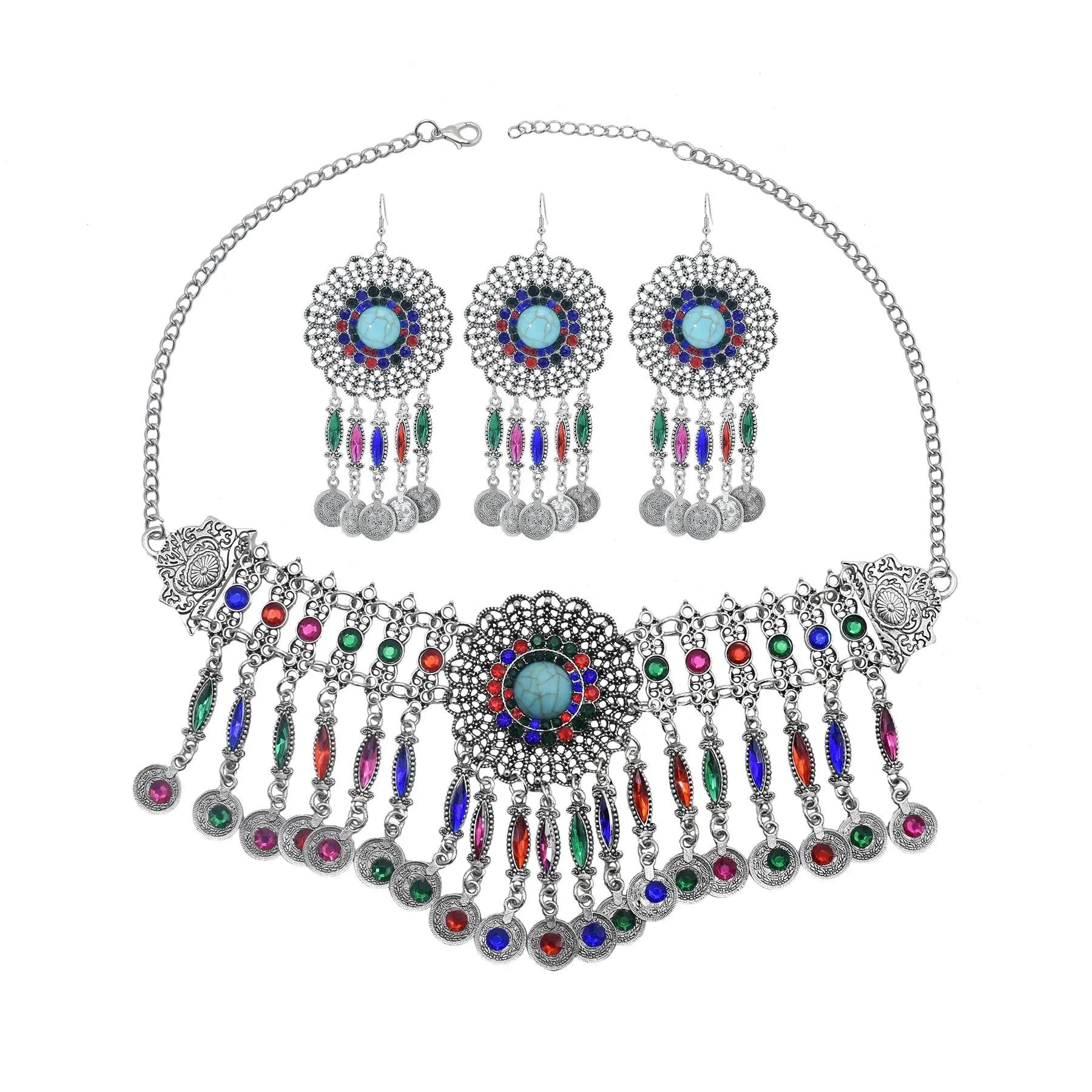 Afghan Silver Color Coin Tassel Bib Statement Necklace & Earring Sets for Women Turkish Gypsy Rhinestone Necklace Party Jewelry