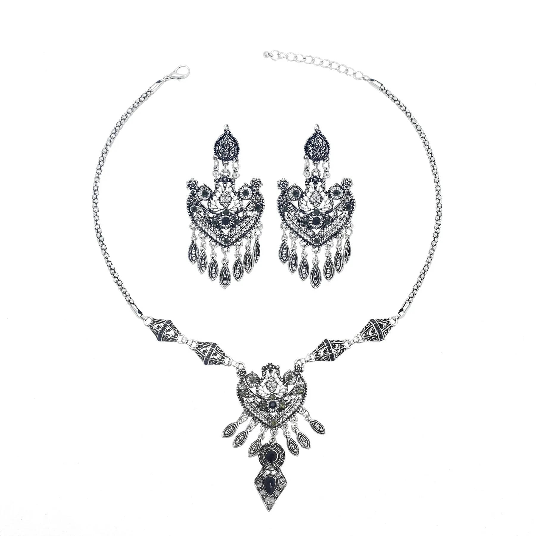 Afghan Silver Color Coin Tassel Bib Statement Necklace & Earring Sets for Women Turkish Gypsy Rhinestone Necklace Party Jewelry