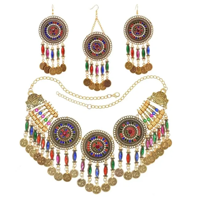 Afghan Silver Color Coin Tassel Bib Statement Necklace & Earring Sets for Women Turkish Gypsy Rhinestone Necklace Party Jewelry