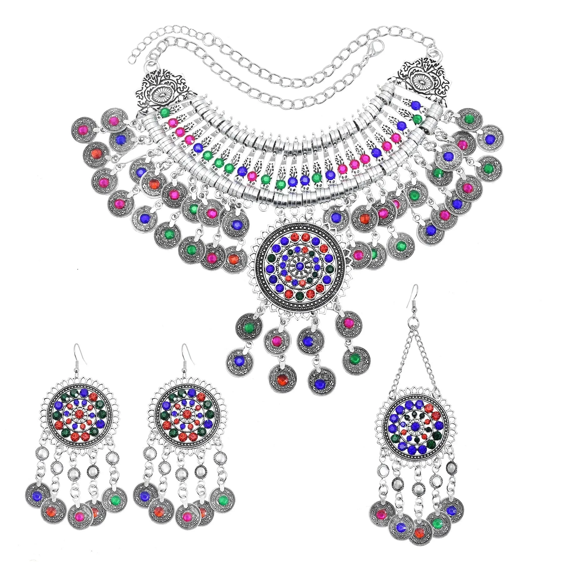 Afghan Silver Color Coin Tassel Bib Statement Necklace & Earring Sets for Women Turkish Gypsy Rhinestone Necklace Party Jewelry