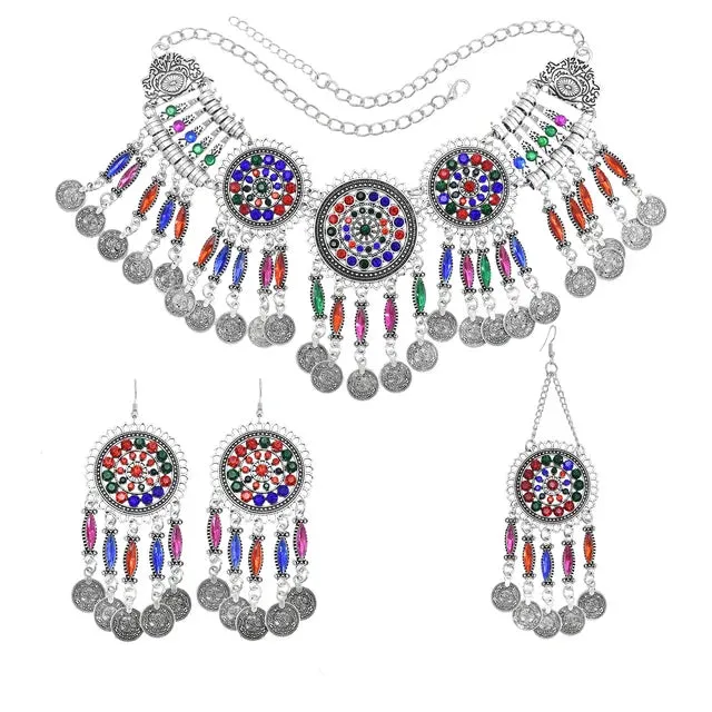Afghan Silver Color Coin Tassel Bib Statement Necklace & Earring Sets for Women Turkish Gypsy Rhinestone Necklace Party Jewelry