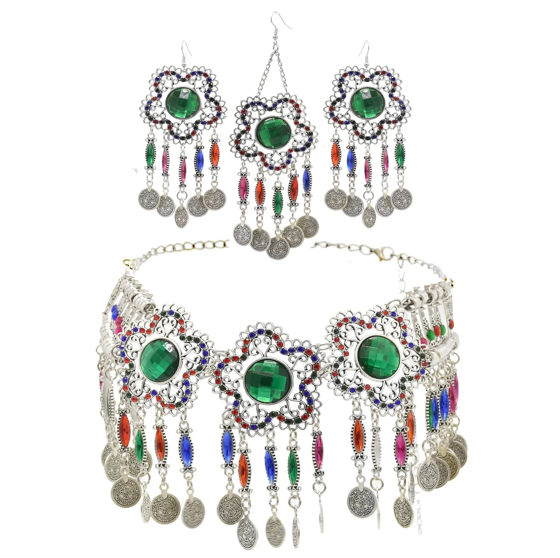 Afghan Silver Color Coin Tassel Bib Statement Necklace & Earring Sets for Women Turkish Gypsy Rhinestone Necklace Party Jewelry