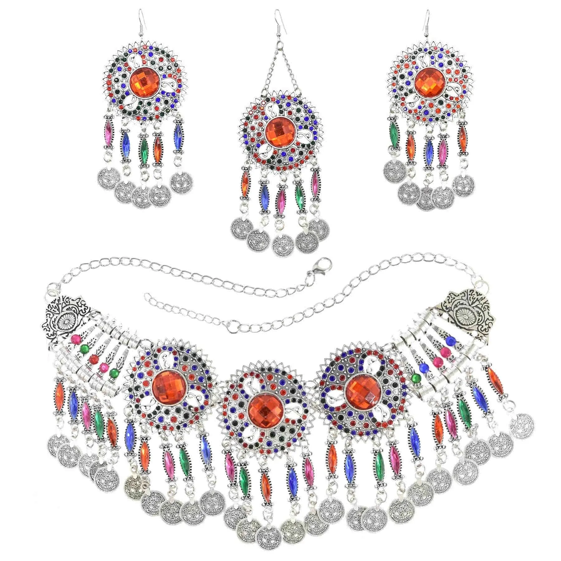 Afghan Silver Color Coin Tassel Bib Statement Necklace & Earring Sets for Women Turkish Gypsy Rhinestone Necklace Party Jewelry