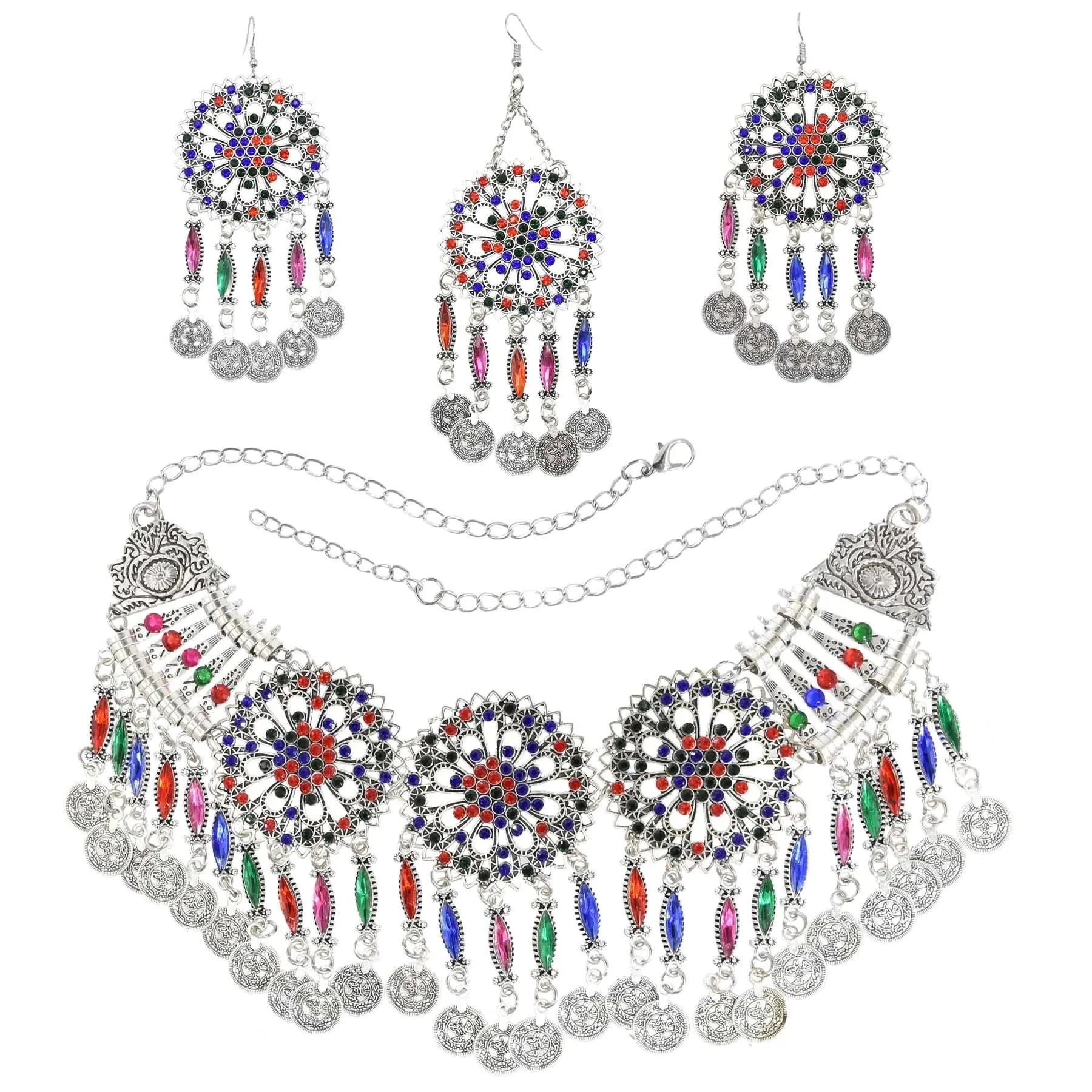 Afghan Silver Color Coin Tassel Bib Statement Necklace & Earring Sets for Women Turkish Gypsy Rhinestone Necklace Party Jewelry