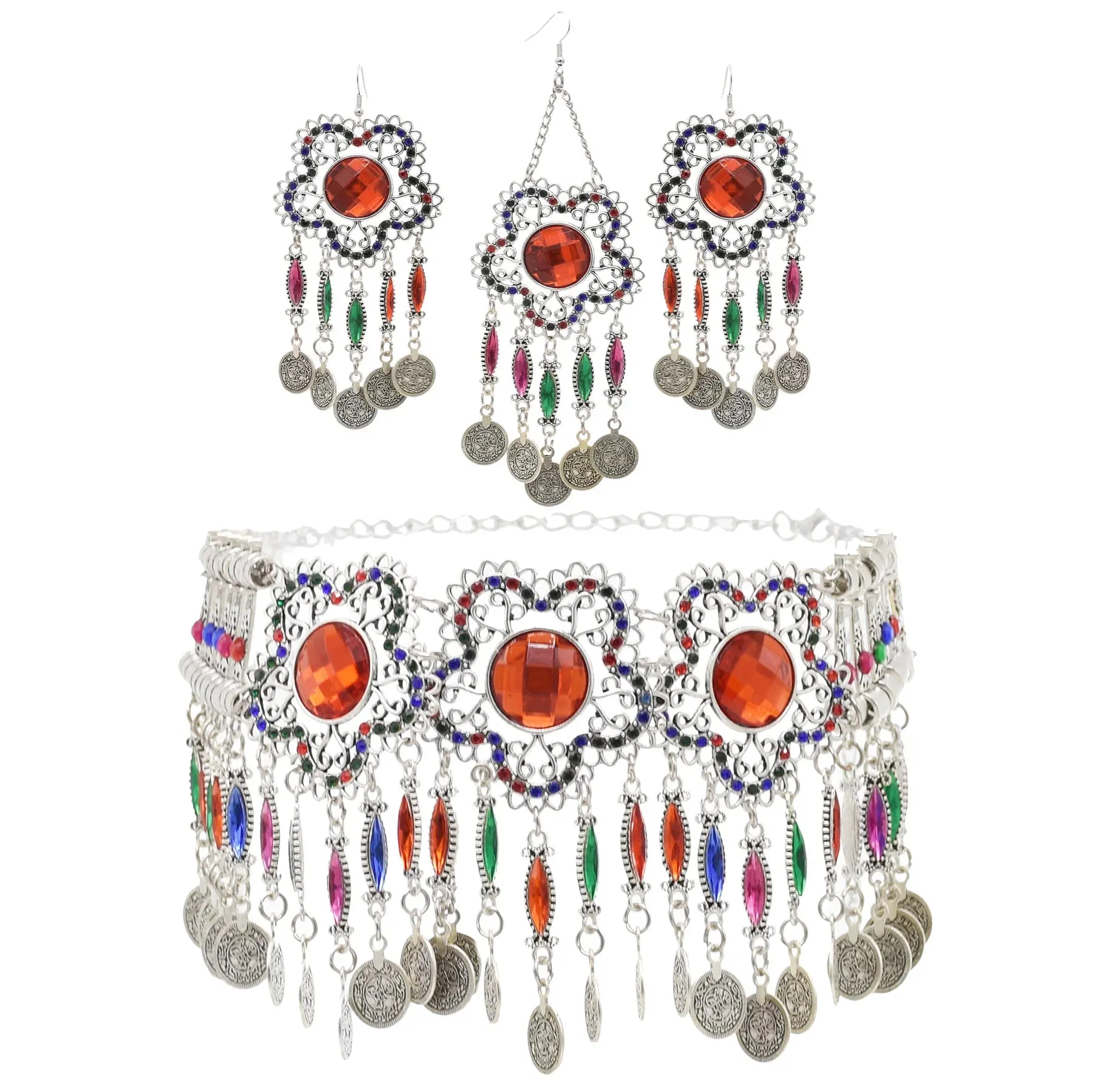 Afghan Silver Color Coin Tassel Bib Statement Necklace & Earring Sets for Women Turkish Gypsy Rhinestone Necklace Party Jewelry