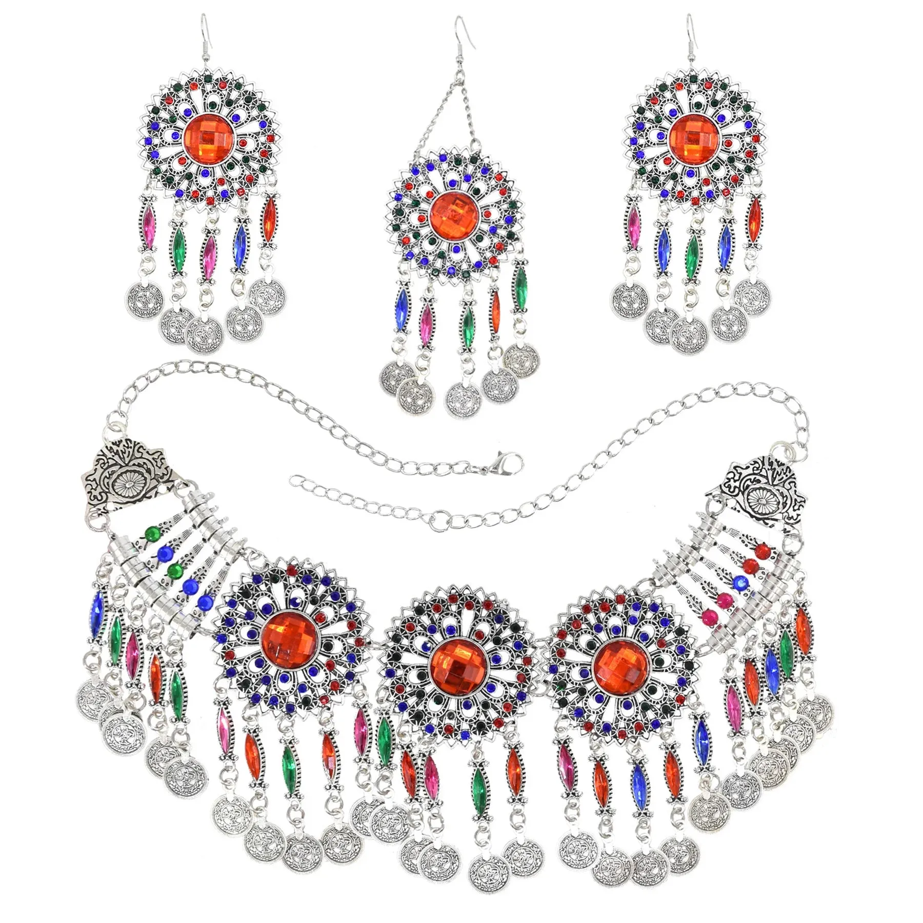 Afghan Silver Color Coin Tassel Bib Statement Necklace & Earring Sets for Women Turkish Gypsy Rhinestone Necklace Party Jewelry