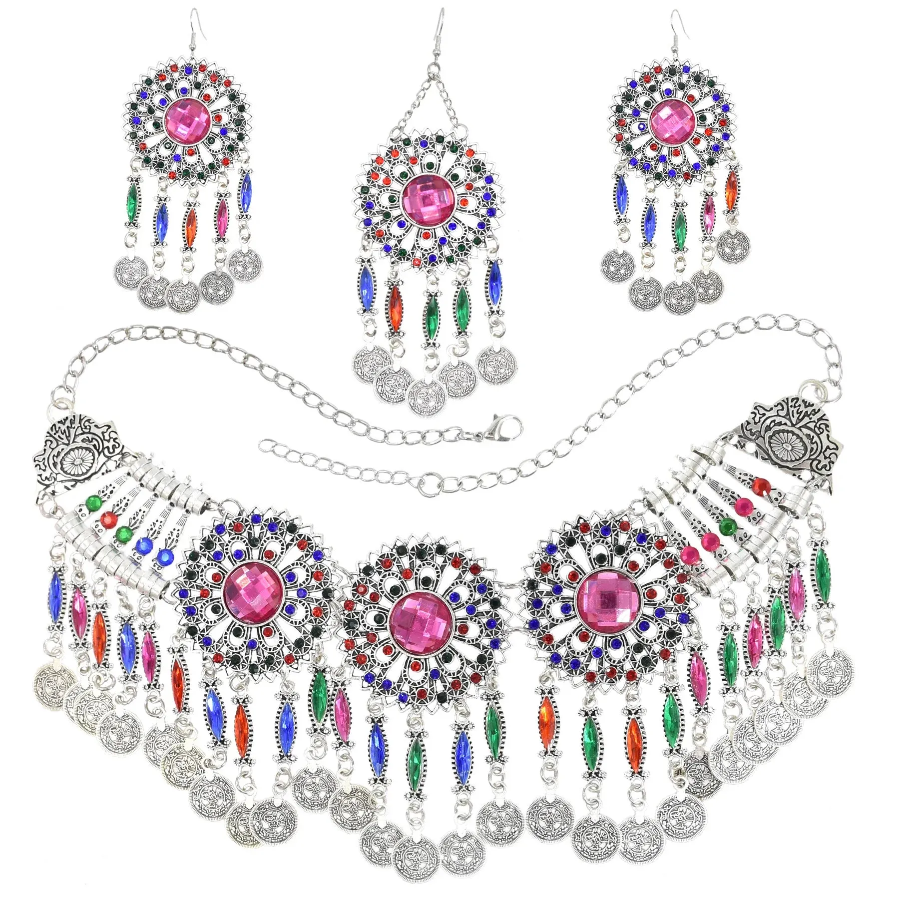 Afghan Silver Color Coin Tassel Bib Statement Necklace & Earring Sets for Women Turkish Gypsy Rhinestone Necklace Party Jewelry