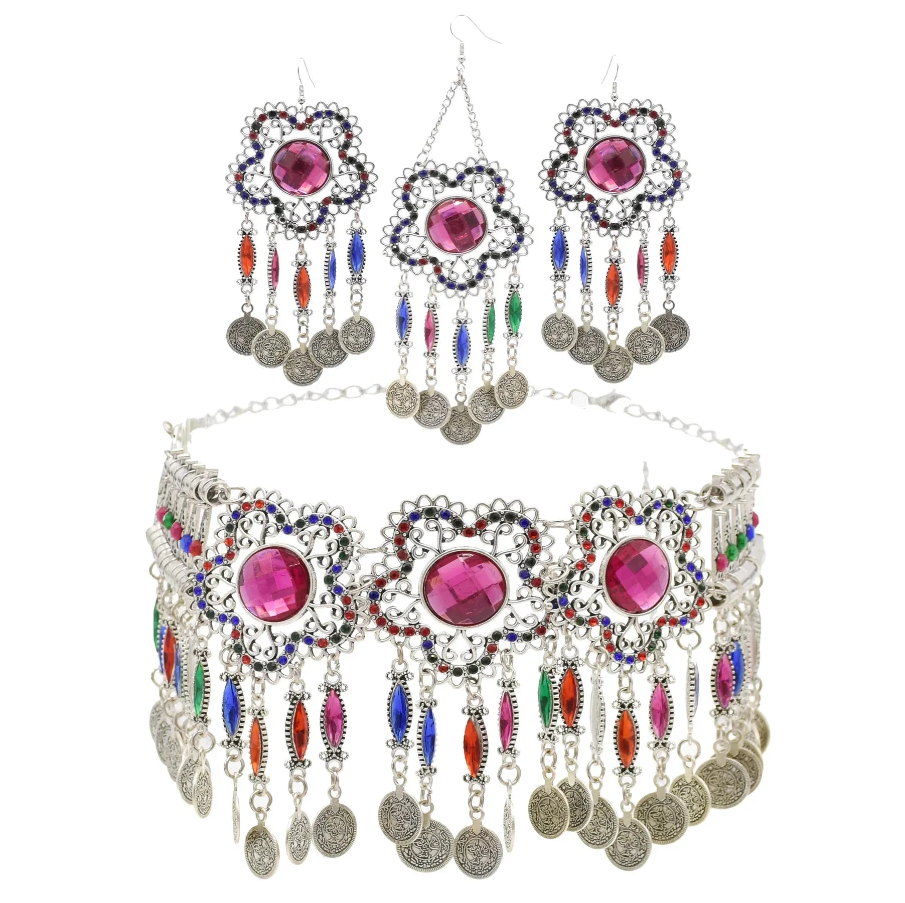 Afghan Silver Color Coin Tassel Bib Statement Necklace & Earring Sets for Women Turkish Gypsy Rhinestone Necklace Party Jewelry