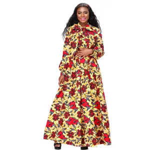 African Kitenge Wax Print Ankara Floral Full Sweep Bowknot Long Dress