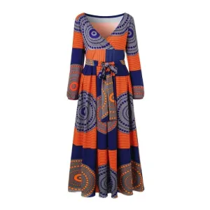 African Print Long sleeve Waist tie Maxi Dresses