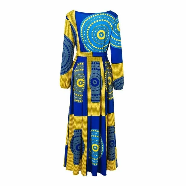 African Print Long sleeve Waist tie Maxi Dresses