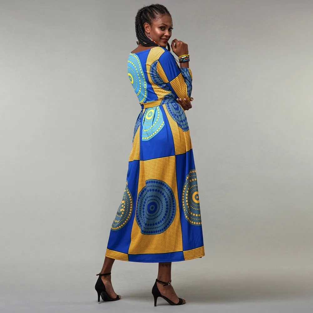 African Print Long sleeve Waist tie Maxi Dresses