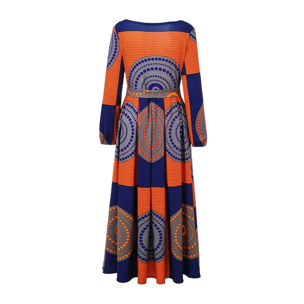 African Print Long sleeve Waist tie Maxi Dresses