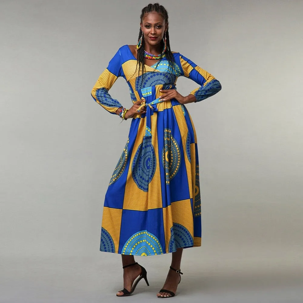 African Print Long sleeve Waist tie Maxi Dresses