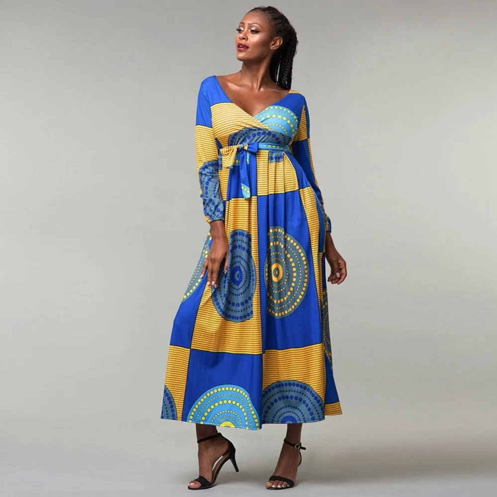 African Print Long sleeve Waist tie Maxi Dresses