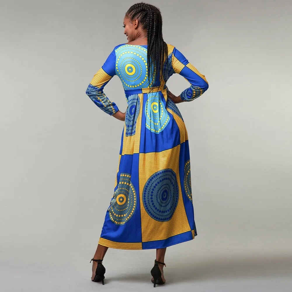 African Print Long sleeve Waist tie Maxi Dresses