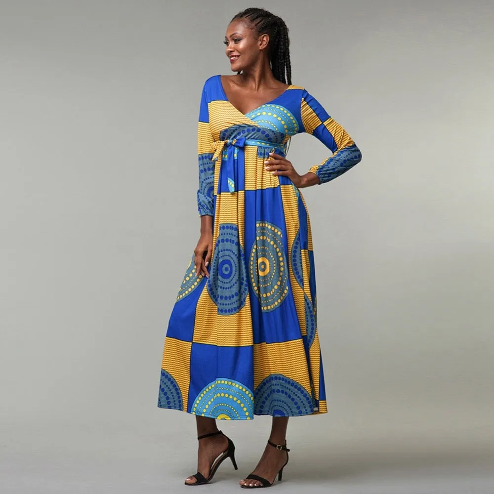 African Print Long sleeve Waist tie Maxi Dresses