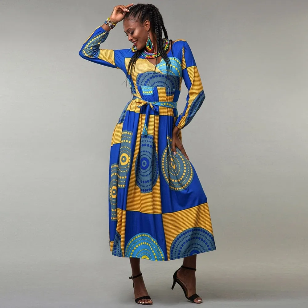 African Print Long sleeve Waist tie Maxi Dresses