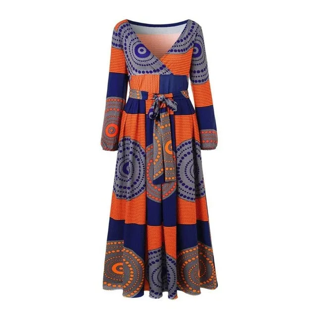African Print Long sleeve Waist tie Maxi Dresses