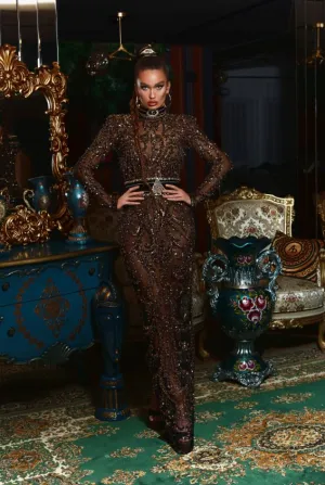 ALBINA DYLA BRONZE LONG-SLEEVE BEADED DRESS