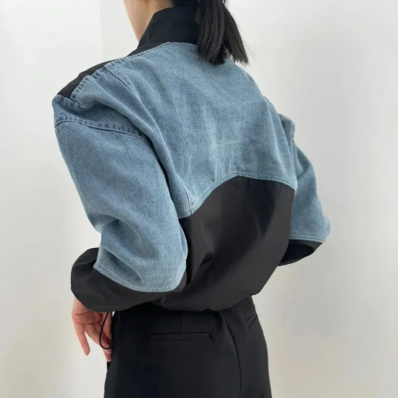 American Vintage Stand Collar Denim Jacket – Y2K Loose Fit for Autumn & Winter