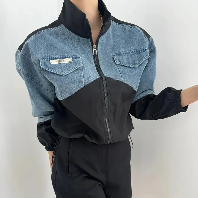 American Vintage Stand Collar Denim Jacket – Y2K Loose Fit for Autumn & Winter