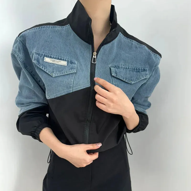 American Vintage Stand Collar Denim Jacket – Y2K Loose Fit for Autumn & Winter