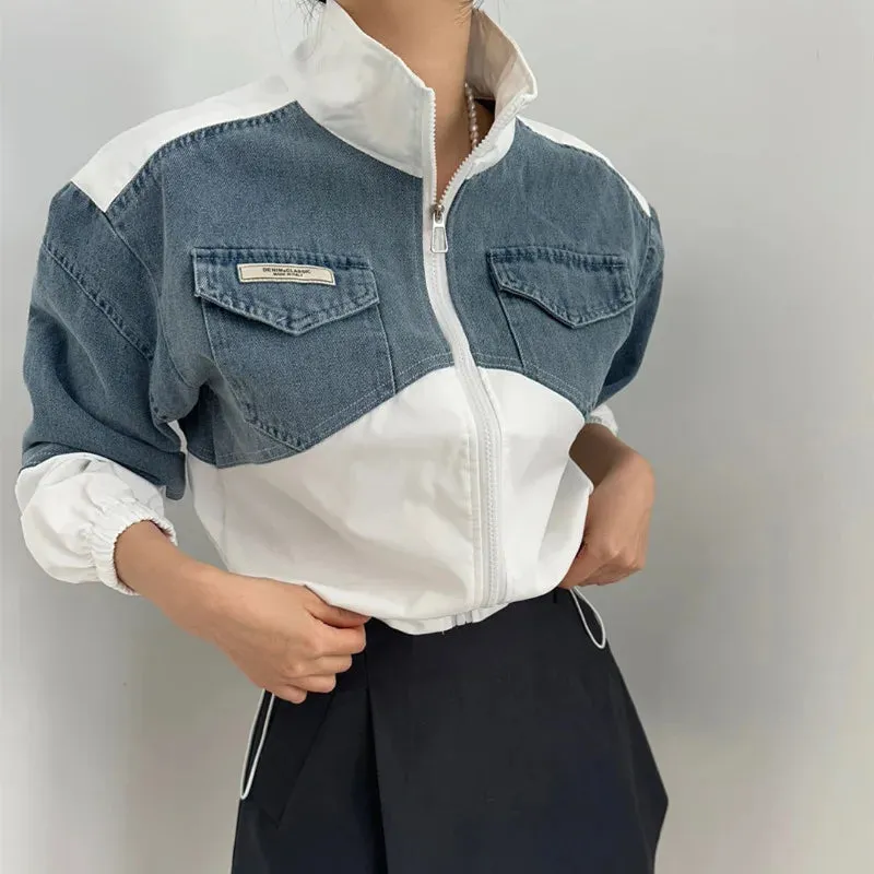 American Vintage Stand Collar Denim Jacket – Y2K Loose Fit for Autumn & Winter