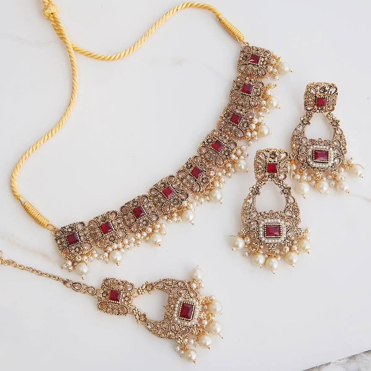 Antique Gold Semi-Gems Guluband Set