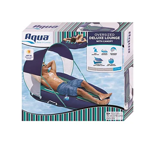 Aqua Oversized Deluxe Pool Lounger, Inflatable Pool Float with UPF 50 Sunshade Canopy, Heavy Duty, X-Large, Navy/Aqua/White Stripe