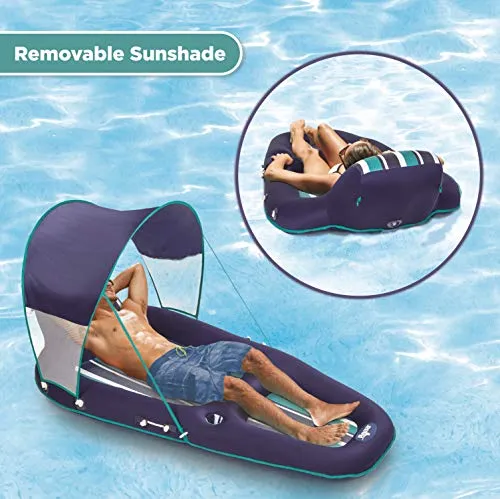 Aqua Oversized Deluxe Pool Lounger, Inflatable Pool Float with UPF 50 Sunshade Canopy, Heavy Duty, X-Large, Navy/Aqua/White Stripe