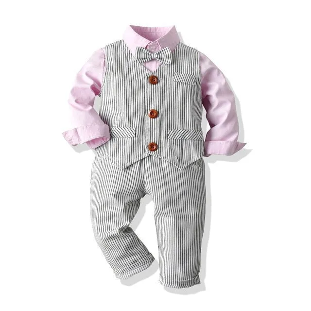 Baby Boy Gentleman Suit White Shirt with Bow 3Pcs Formal Kids Clothes Set