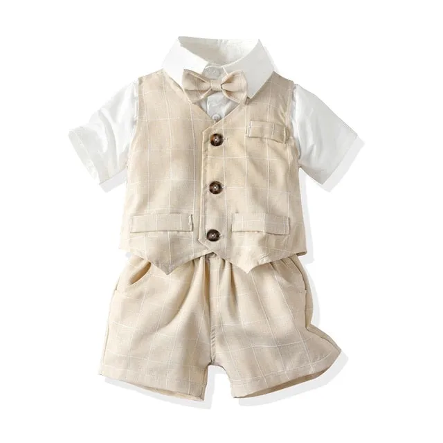 Baby Boy Gentleman Suit White Shirt with Bow 3Pcs Formal Kids Clothes Set