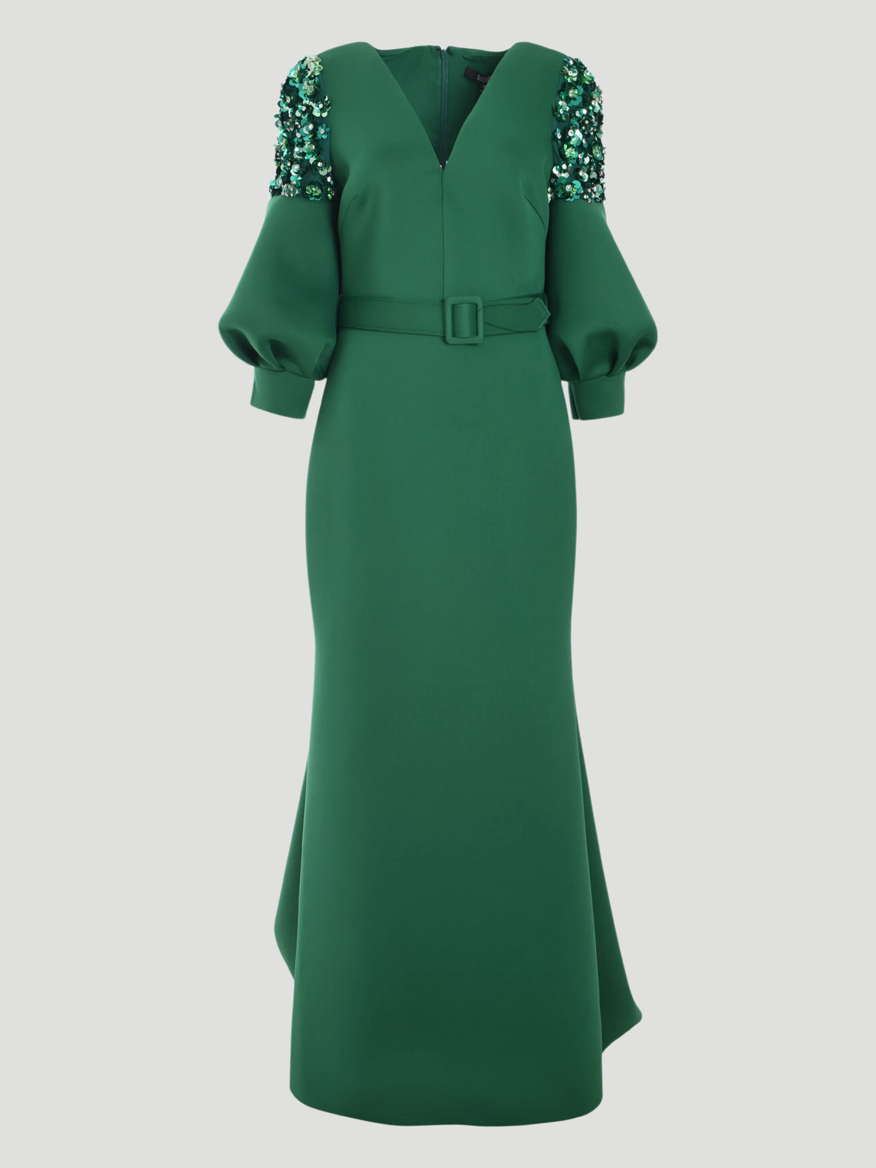 Beaded Full Sleeve Gown in Emerald