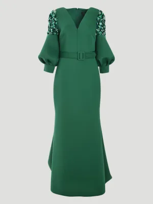 Beaded Full Sleeve Gown in Emerald