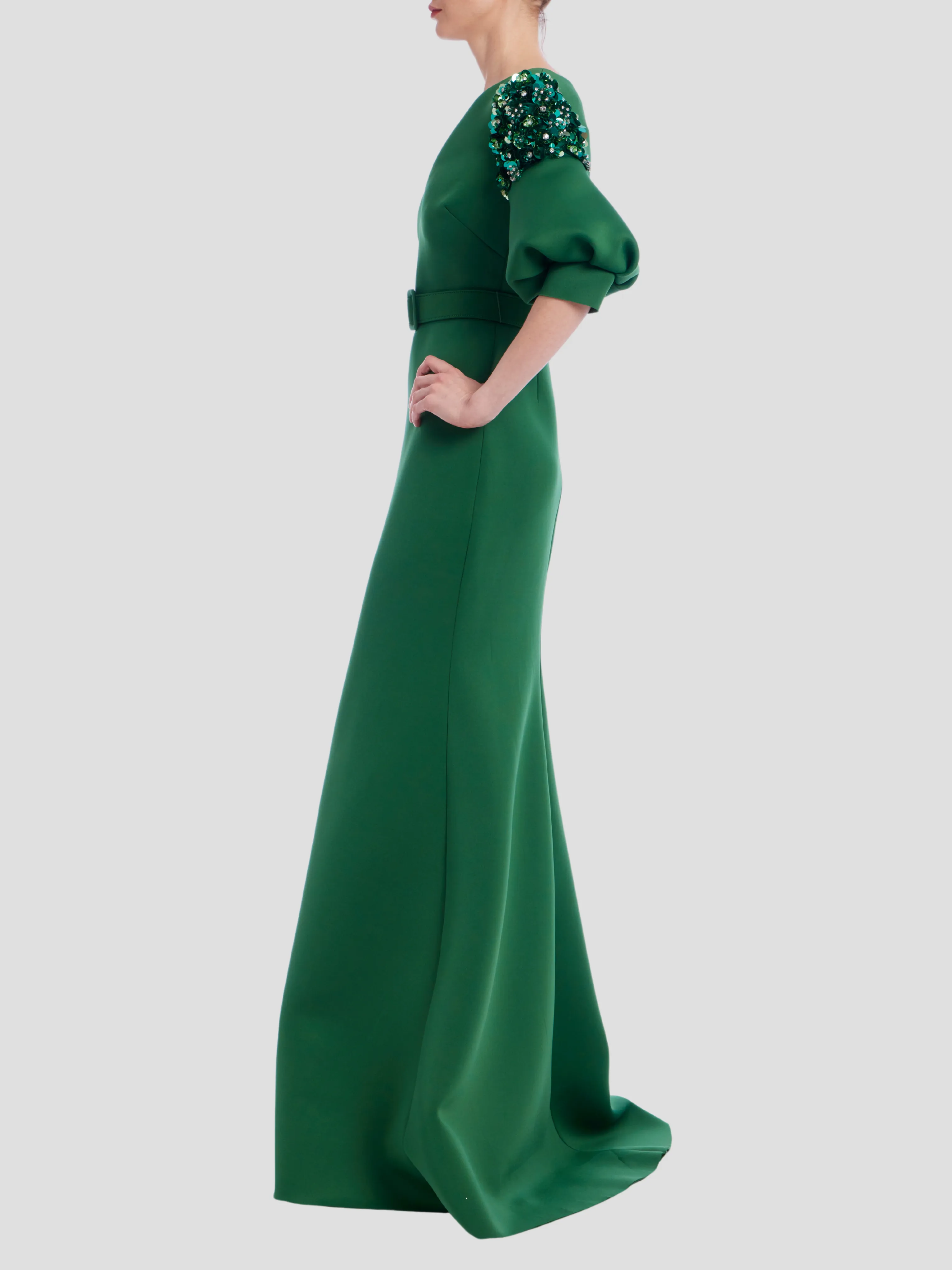 Beaded Full Sleeve Gown in Emerald