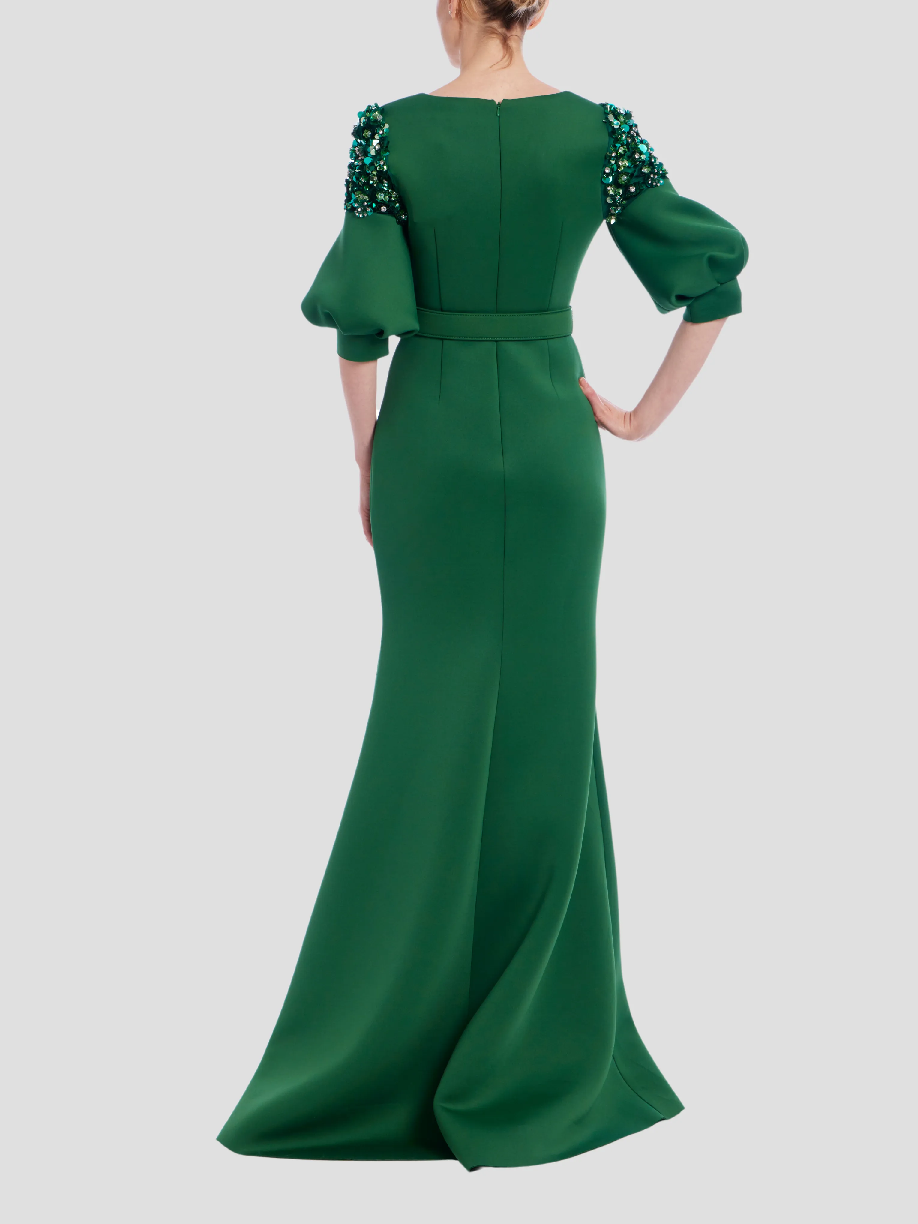 Beaded Full Sleeve Gown in Emerald