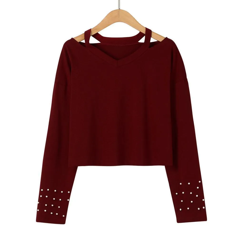 Beaded Long Sleeve V-Neck Shirt