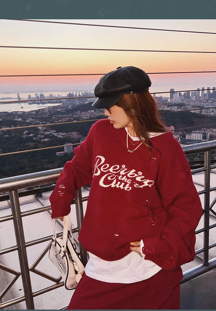 Beerbro the Club Letter Print Long Sleeve Knitted Sweater