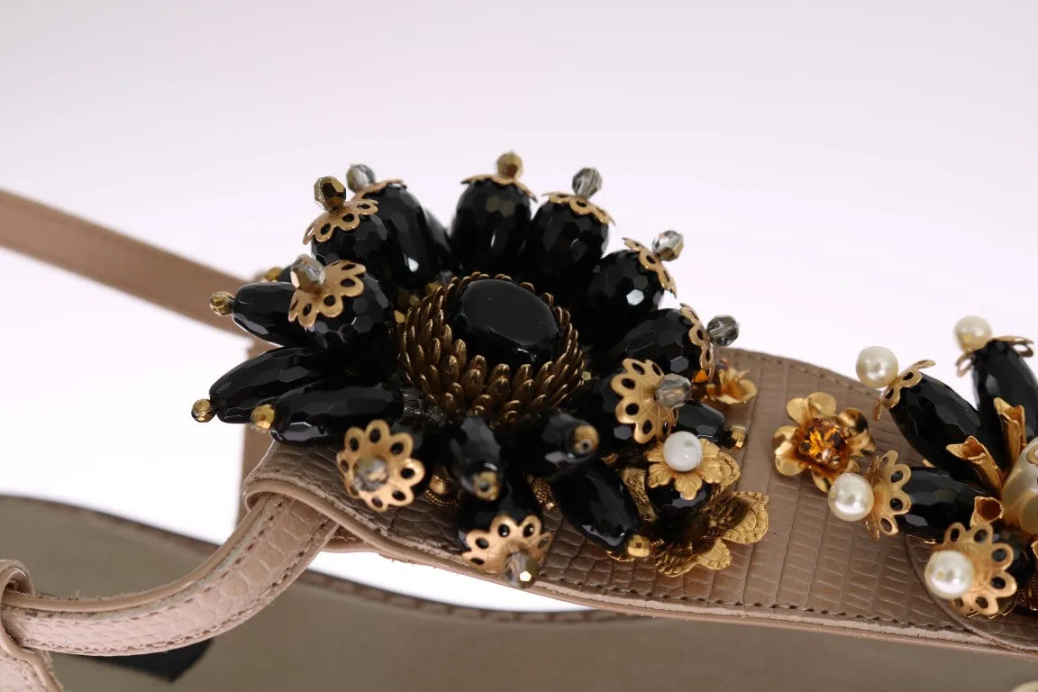 Beige Leather Crystal Floral Sandal