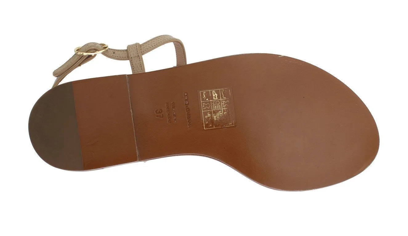 Beige Leather Crystal Floral Sandal