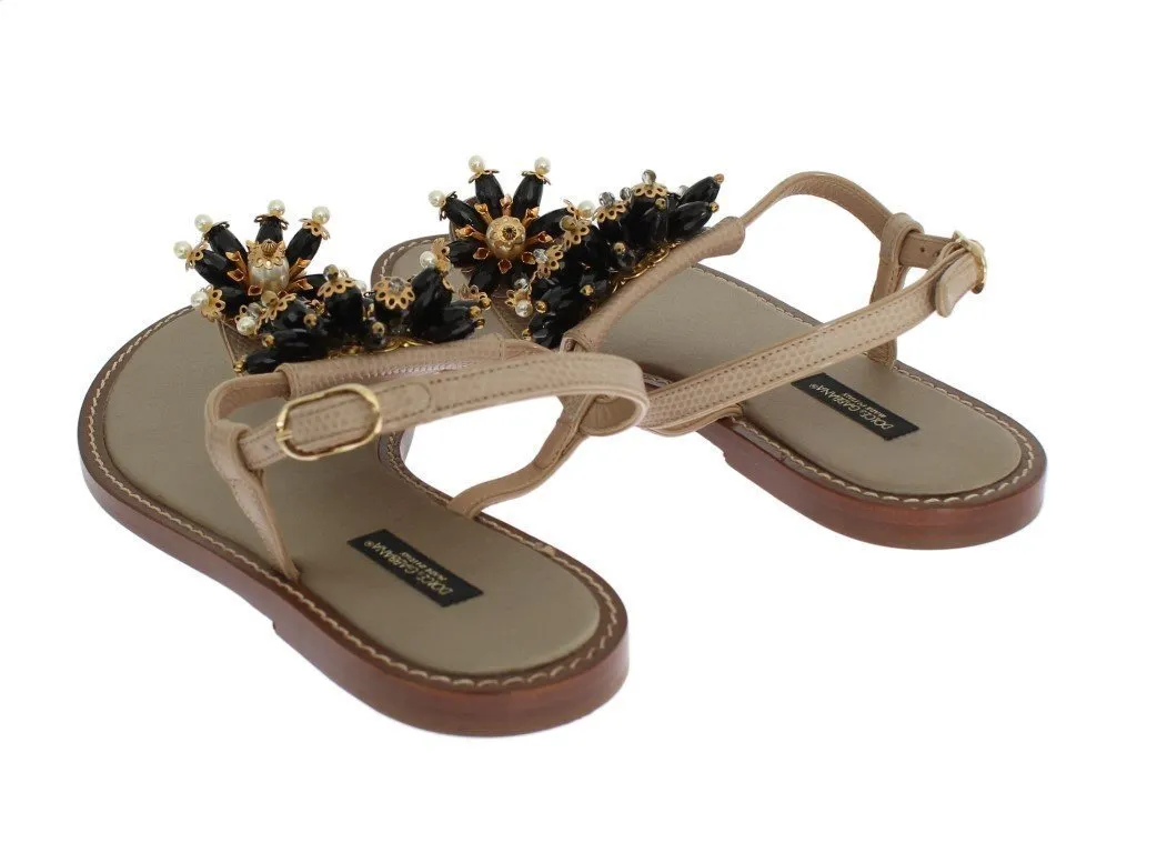 Beige Leather Crystal Floral Sandal