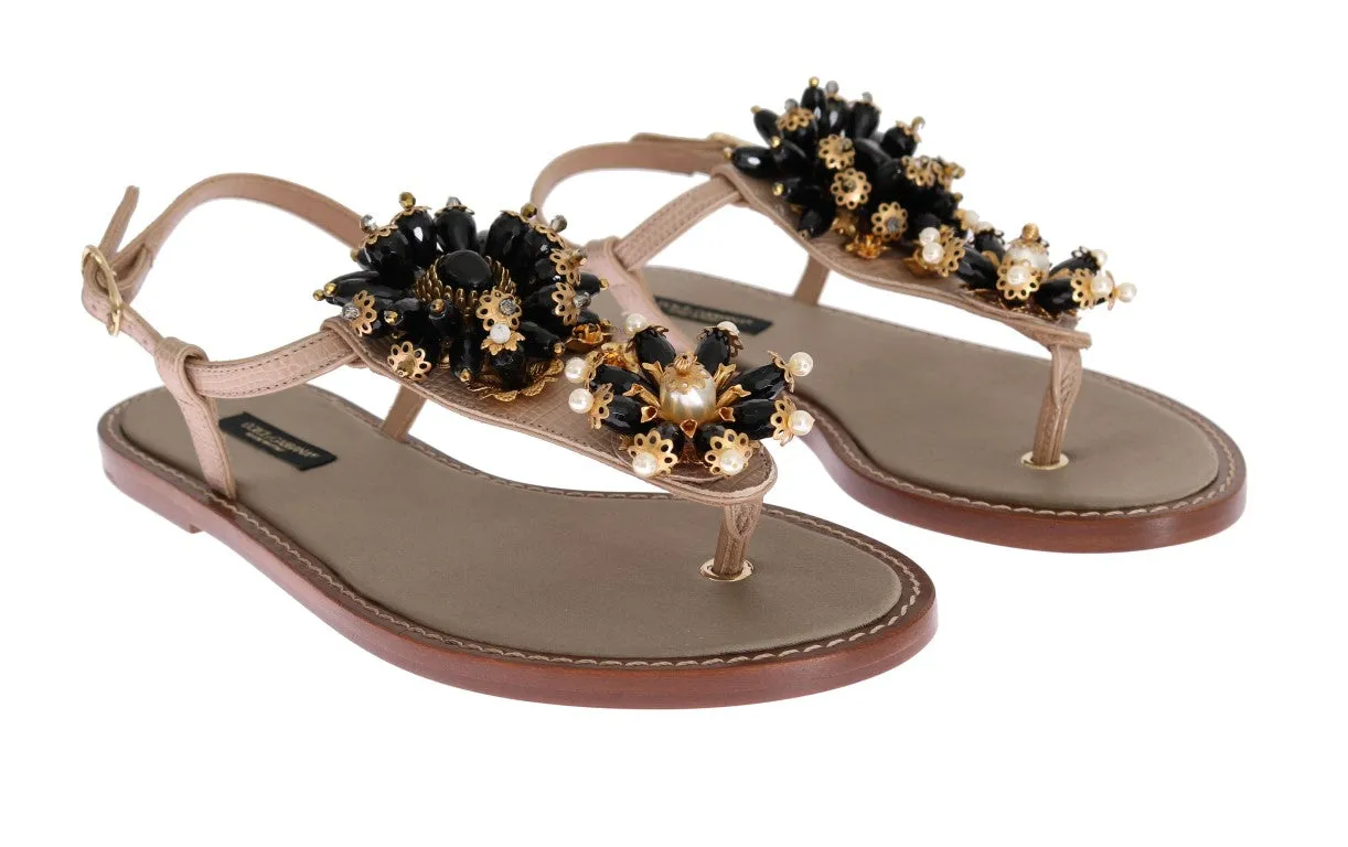 Beige Leather Crystal Floral Sandal