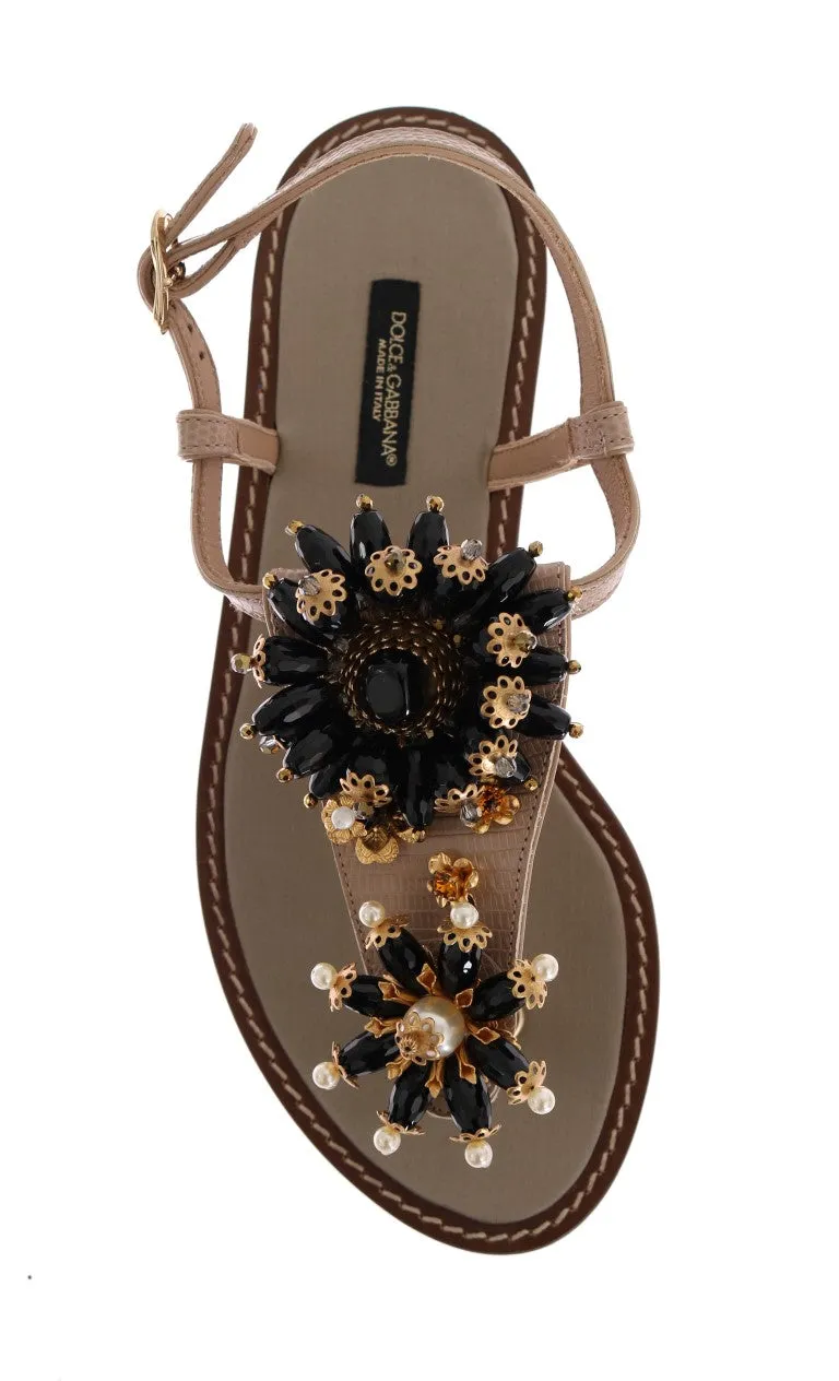Beige Leather Crystal Floral Sandal
