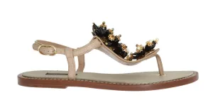 Beige Leather Crystal Floral Sandal