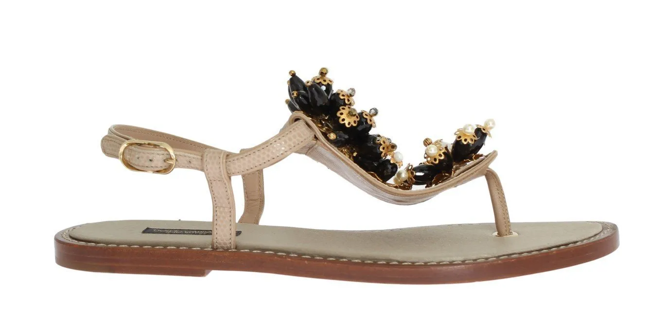 Beige Leather Crystal Floral Sandal