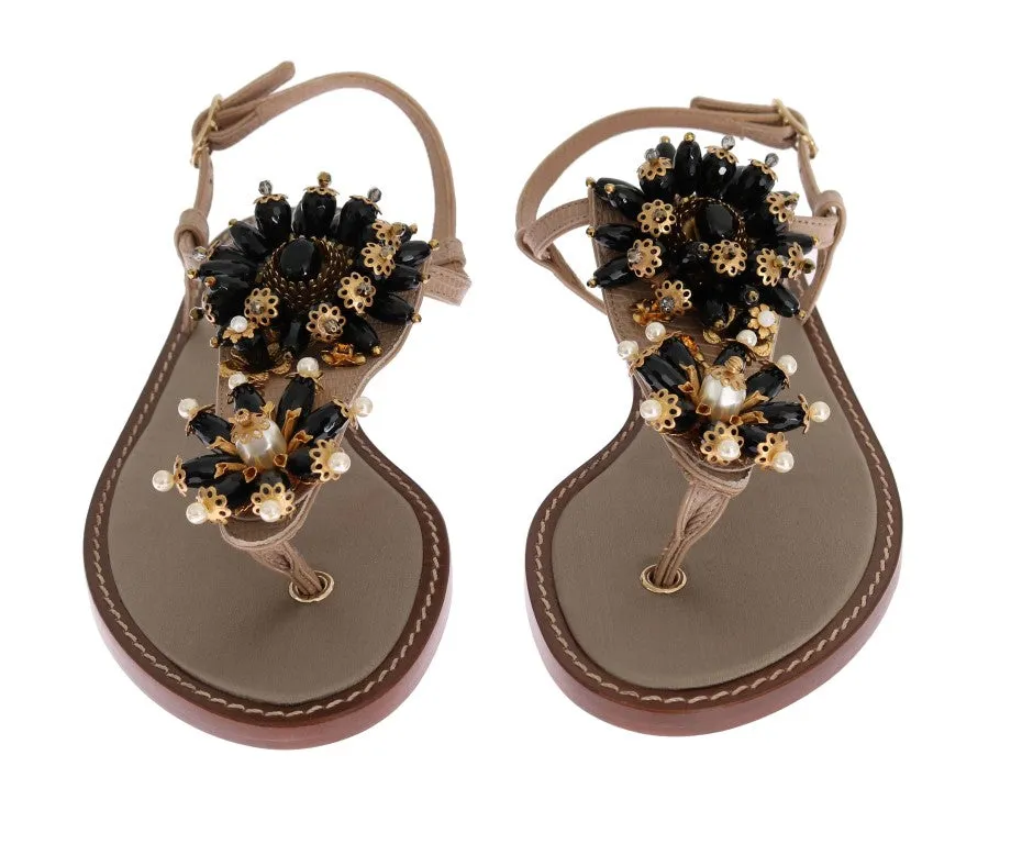 Beige Leather Crystal Floral Sandal