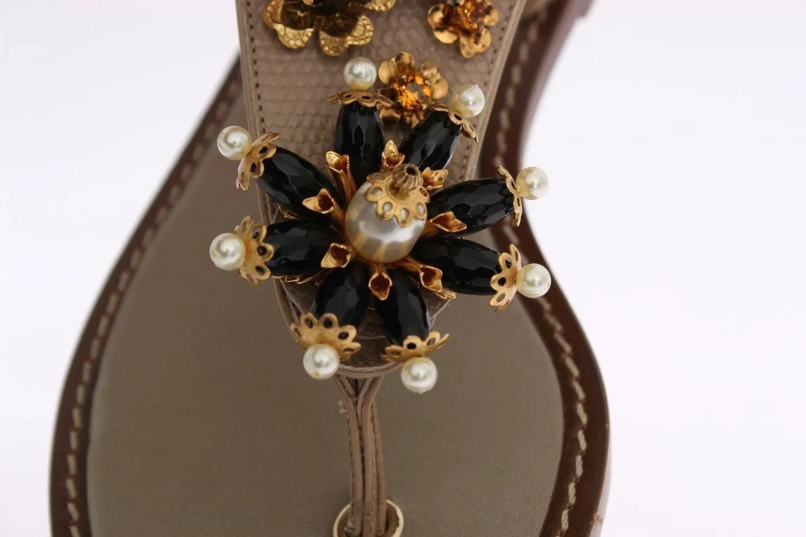 Beige Leather Crystal Floral Sandal