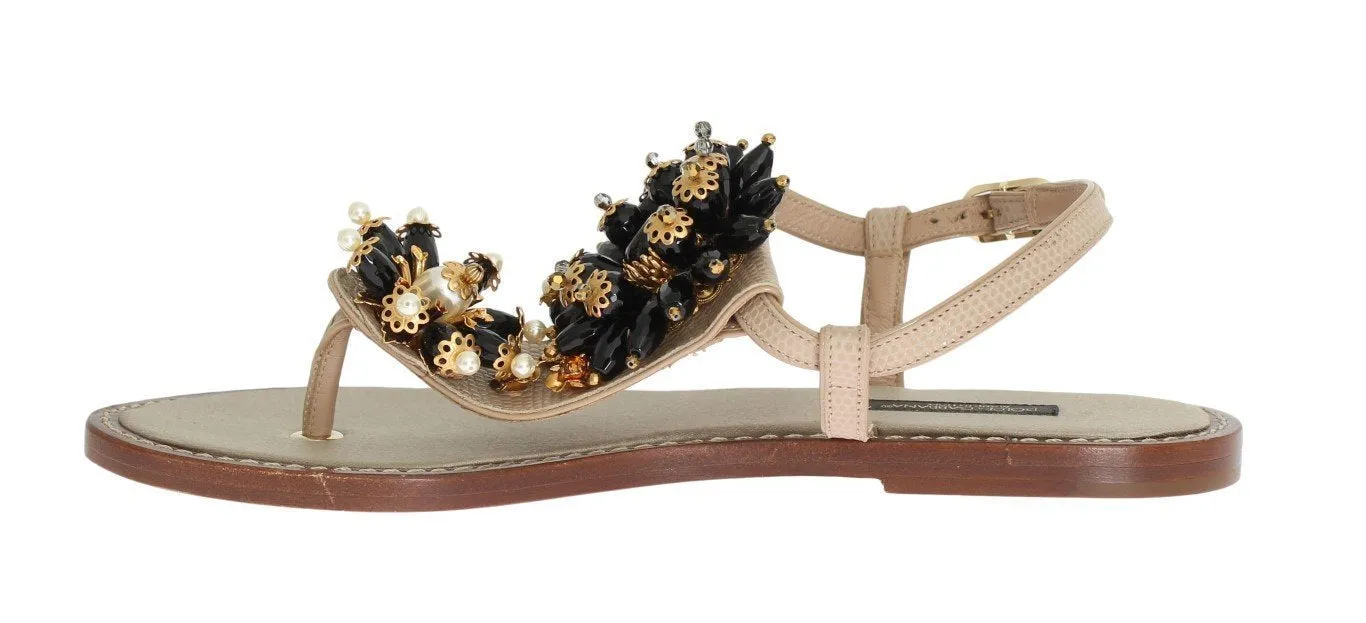 Beige Leather Crystal Floral Sandal